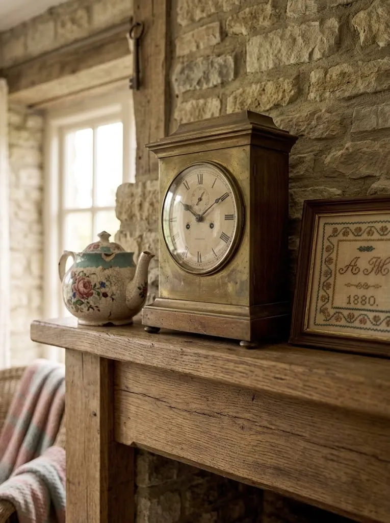 Vintage heirloom clock and teapot displayed in a cottagecore home