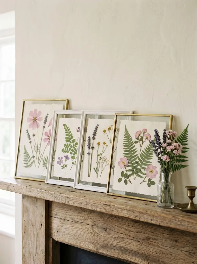 Framed pressed wildflowers and ferns on cream paper leaning along a wooden mantel