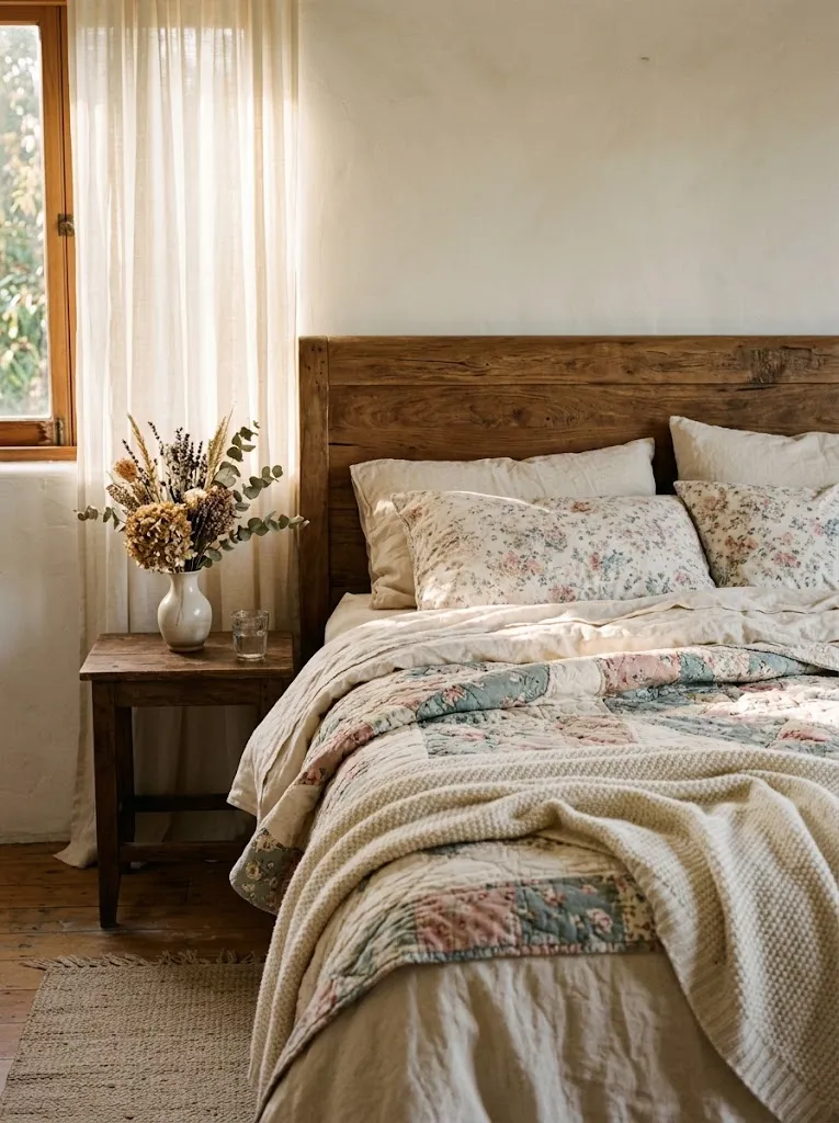 Layered patchwork quilt and linen bedding in a cozy bedroom