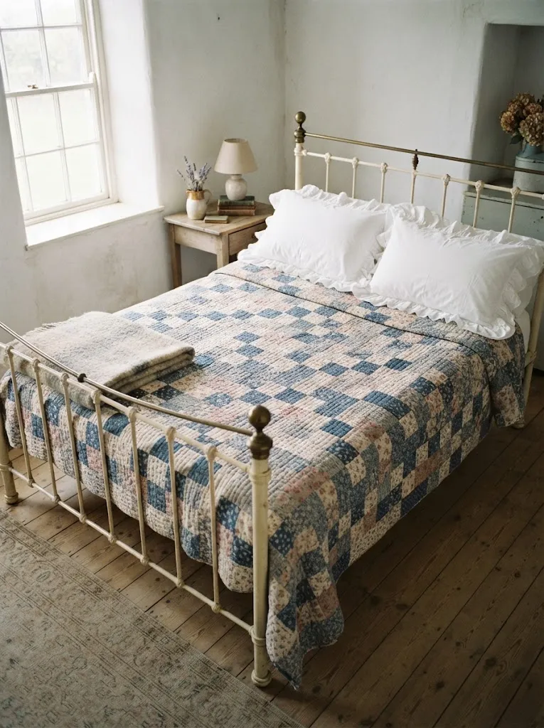 Faded blue, cream, and dusty rose patchwork quilt on an iron bed in a vintage cottage bedroom with soft window light
