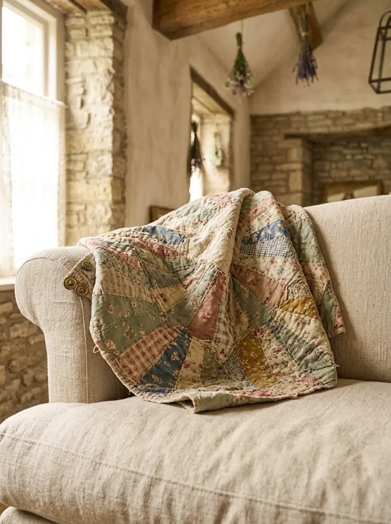 Quilted throw blanket draped over a sofa in a cottagecore living room