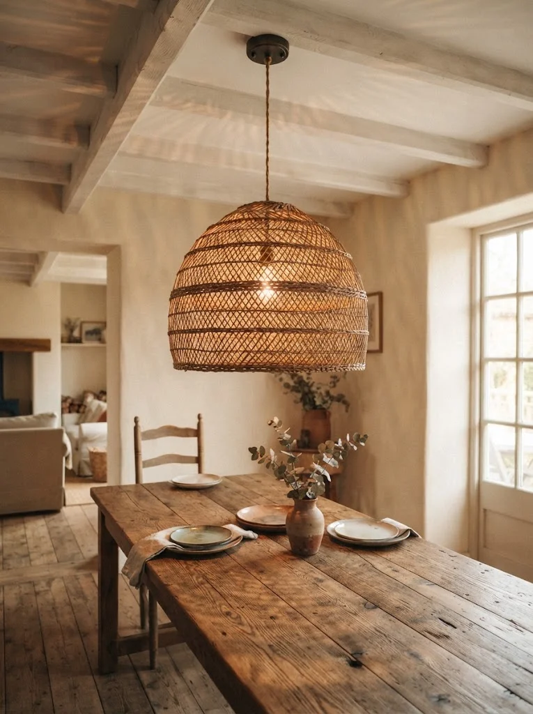 Woven rattan pendant light hanging above a rustic farmhouse dining table