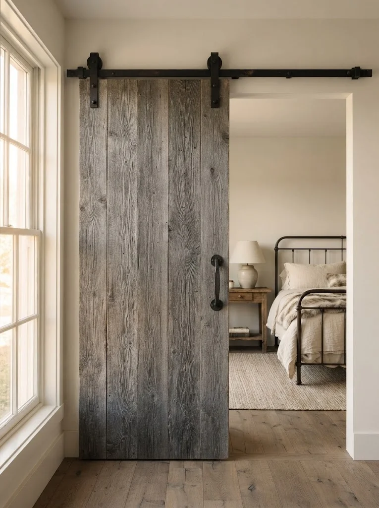 Reclaimed wood sliding barn door with iron hardware in a rustic bedroom