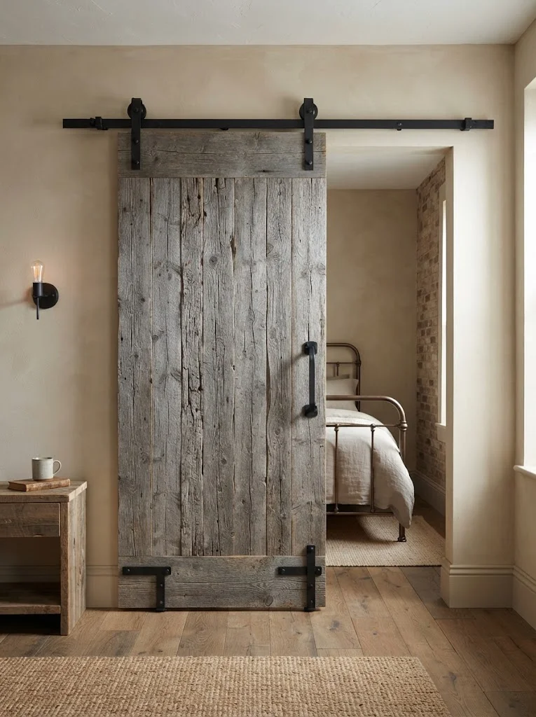 Reclaimed wood sliding barn door installed above a rustic bedroom entryway