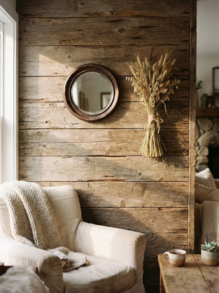 Reclaimed wood accent wall in a rustic living room with warm natural light