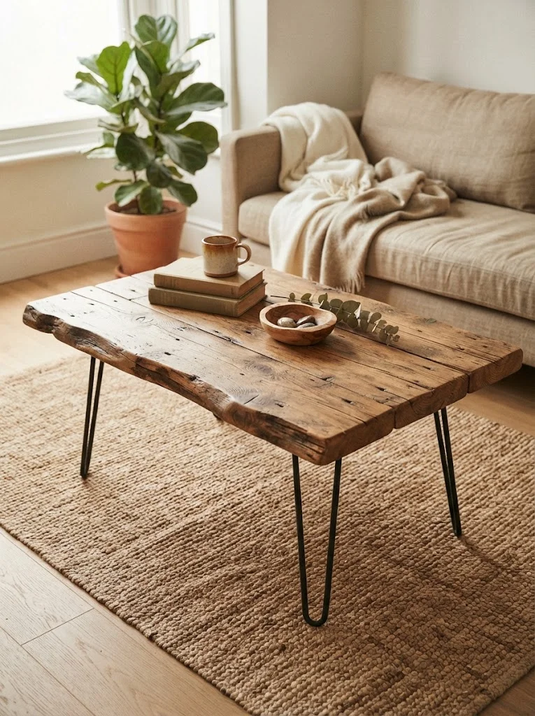 Reclaimed wood coffee table with hairpin legs in a rustic living room