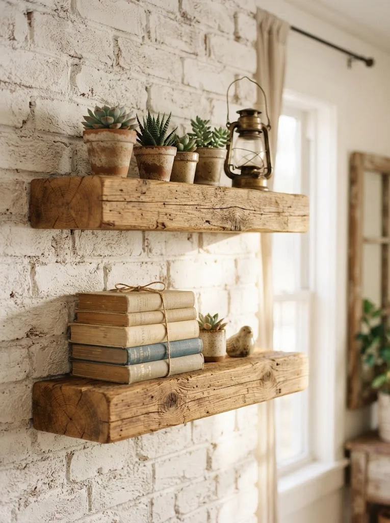Reclaimed wood floating shelves styled with plants and books for rustic home decor on a budget