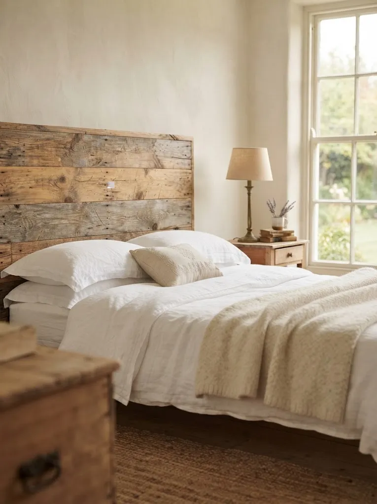 Reclaimed barn wood headboard with visible grain above a white linen bed and brass bedside lamp in a rustic bedroom