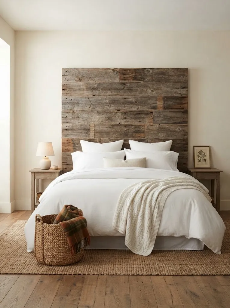 Reclaimed barn wood headboard with weathered plank grain behind white bedding
