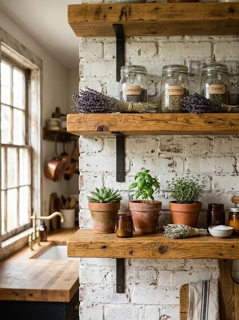 Reclaimed wood shelves styled with jars and dried lavender in a farmhouse kitchen