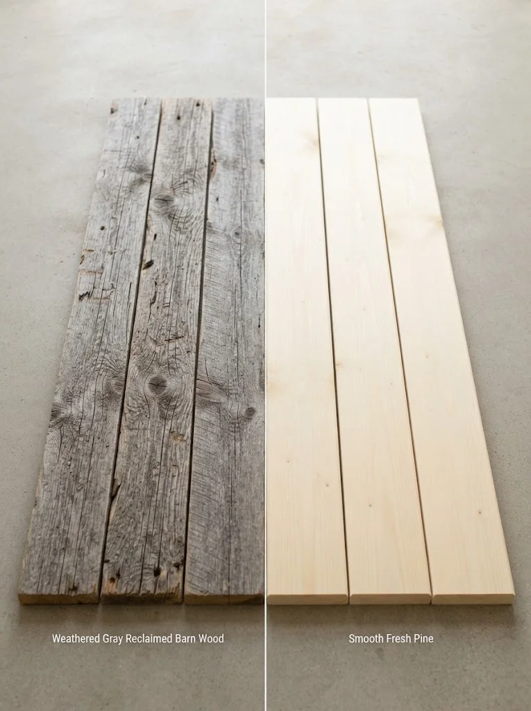 Comparison of reclaimed barn wood and new pine wood for rustic decor projects