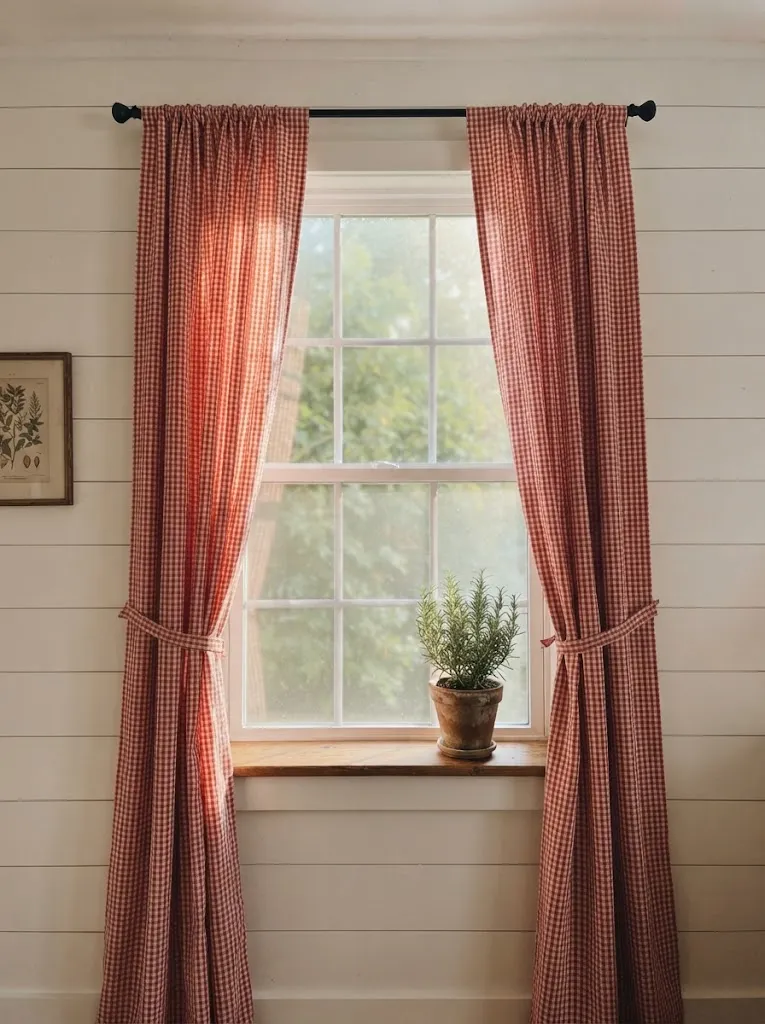 Red and white gingham curtains on a black rod in a farmhouse bedroom window