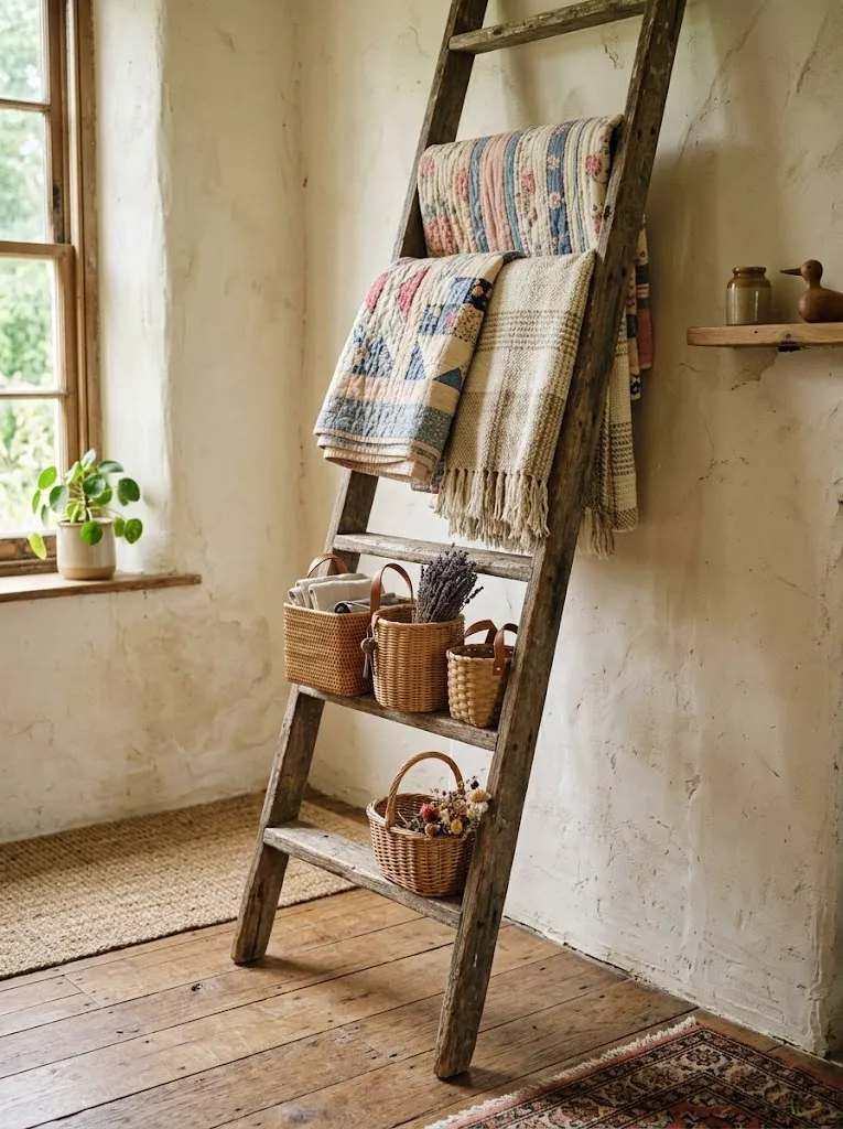 Old wooden ladder repurposed as a blanket and storage shelf