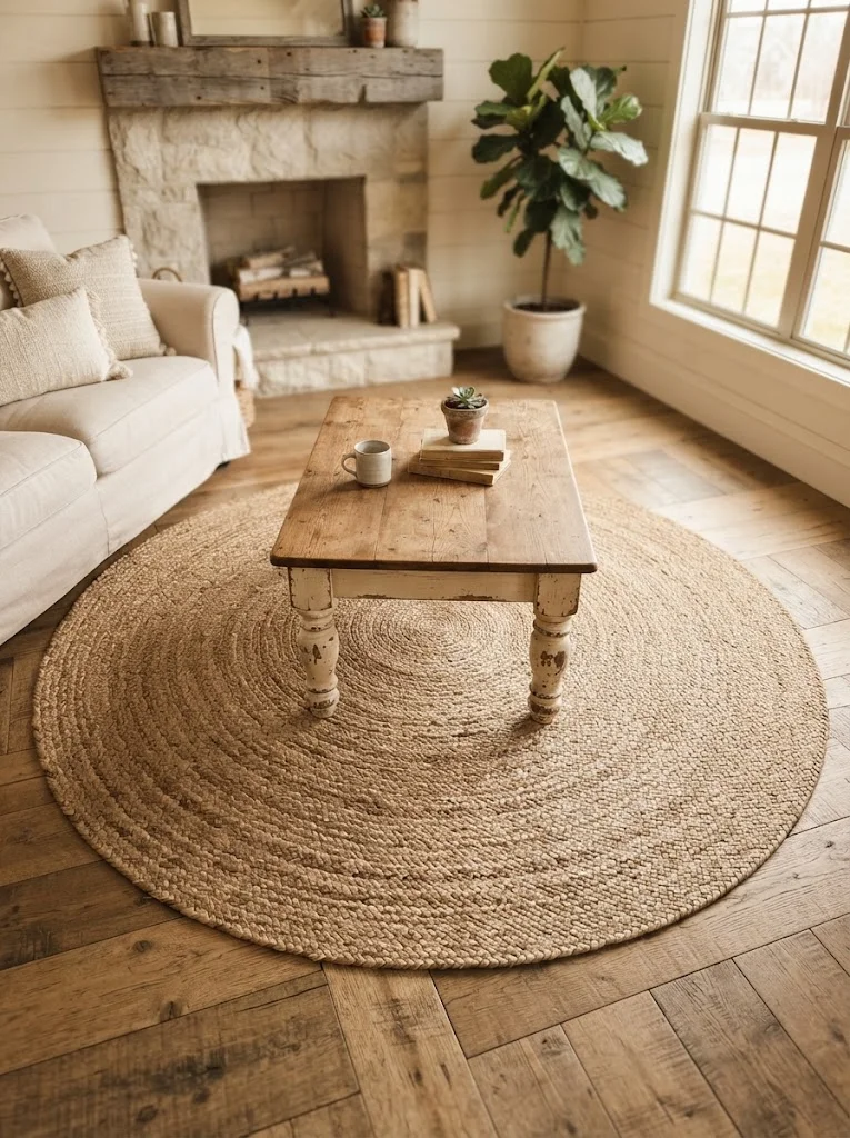 Round braided jute rug under a wood coffee table in a rustic living room