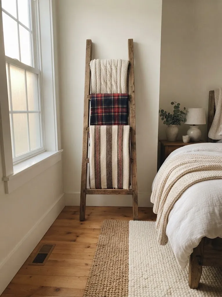 Rustic wooden blanket ladder draped with knit, plaid, and wool blankets