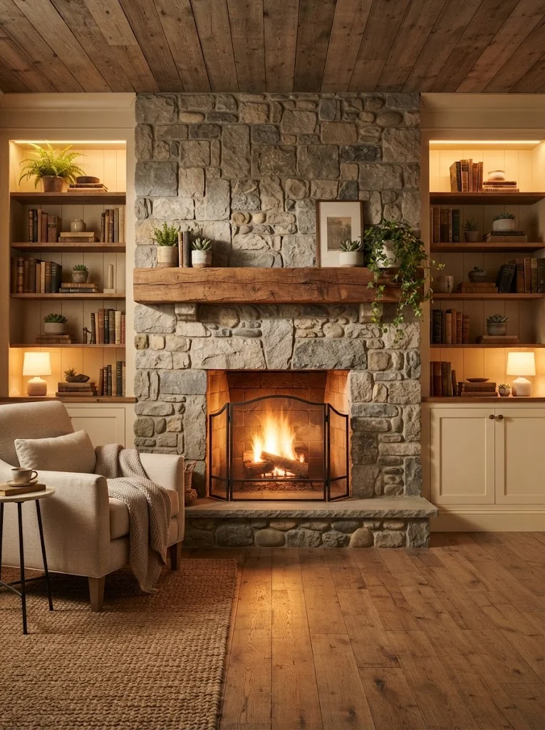Rustic stone veneer fireplace with wood mantel in a farmhouse living room