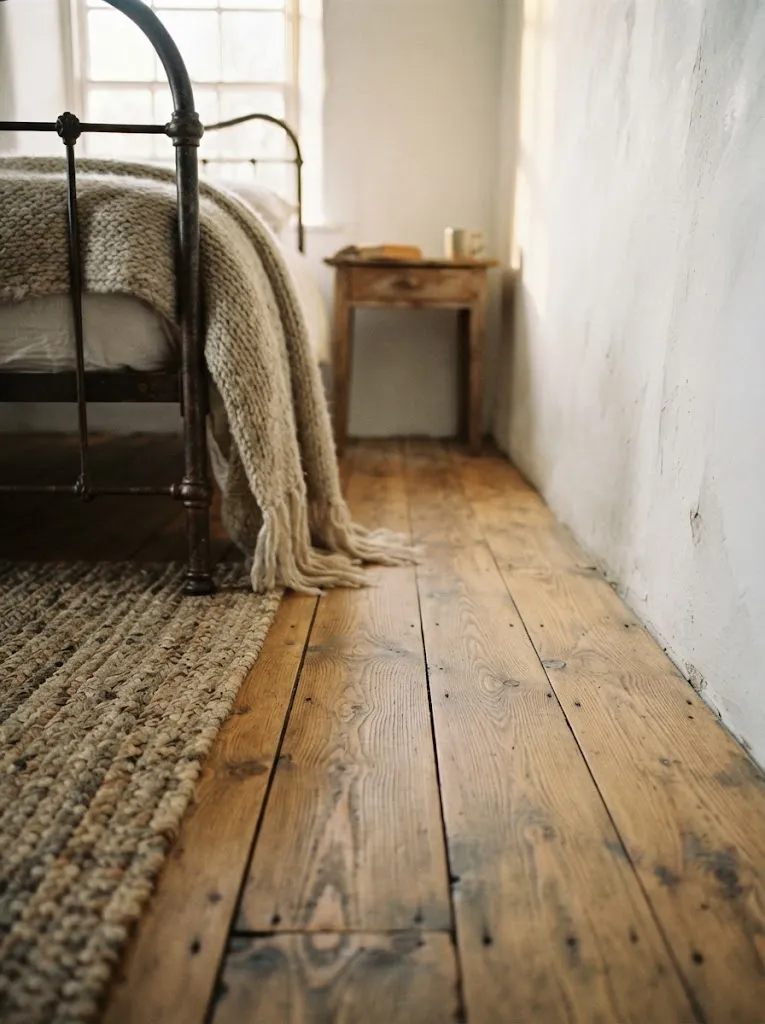 Wide plank reclaimed pine bedroom floor with visible knots and grain, a braided rug, and an iron bed edge