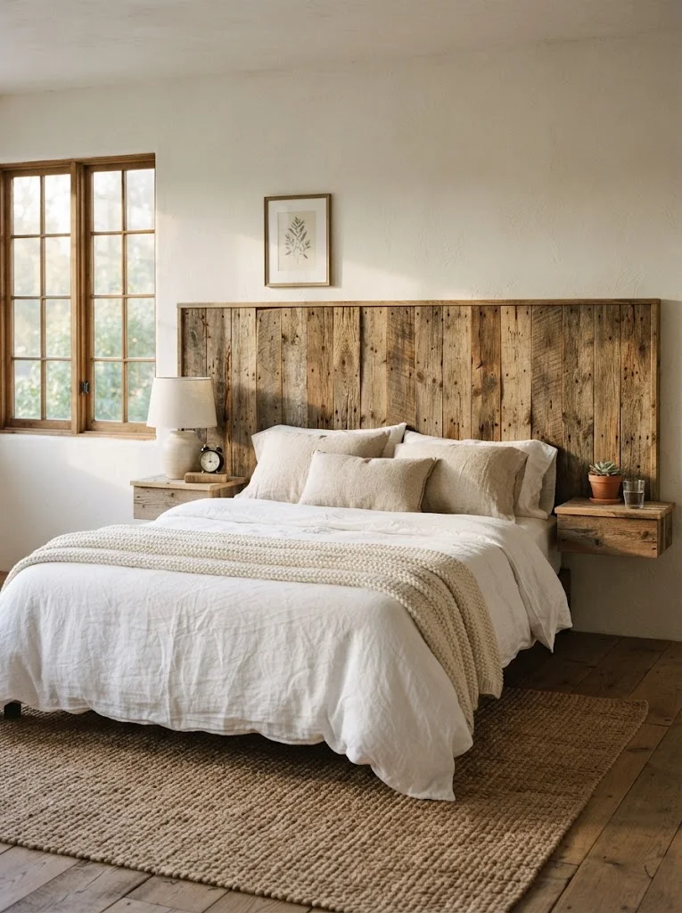 Reclaimed wood plank headboard behind a bed with white linen bedding