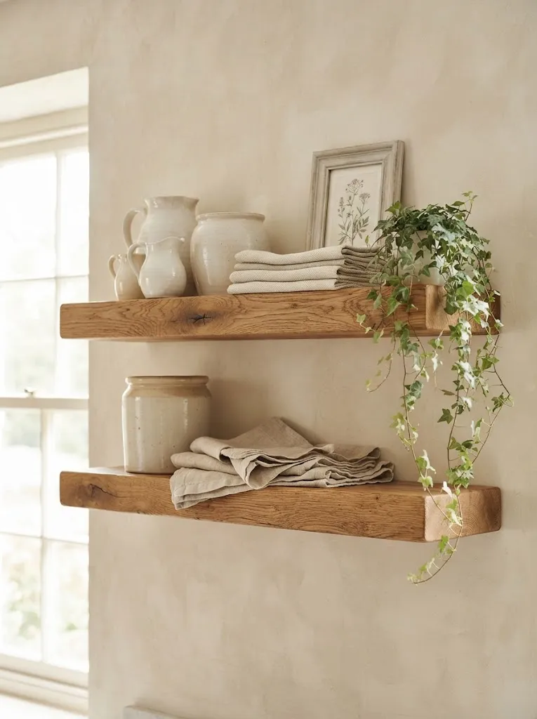 Chunky reclaimed oak floating shelves holding ceramic jugs, folded linens, and trailing ivy on a pale bedroom wall