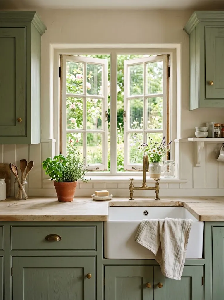 Sage green kitchen cabinets with brass knobs, a butcher block counter, and a white farmhouse sink