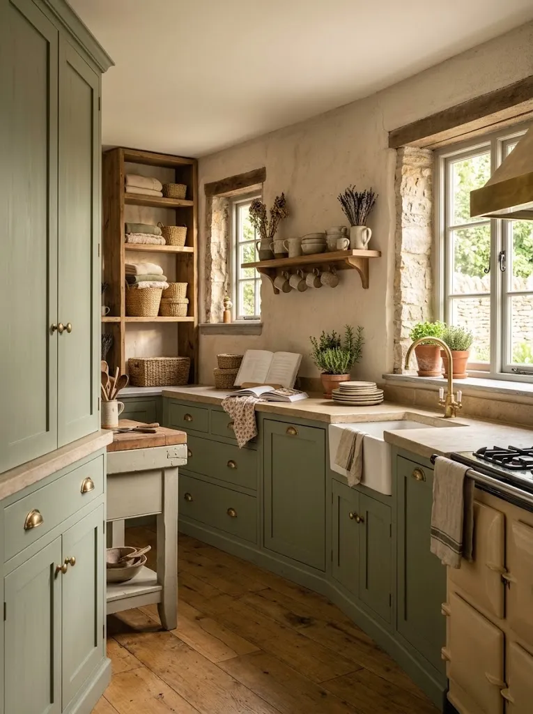 Sage green painted kitchen cabinets in a cottagecore style home