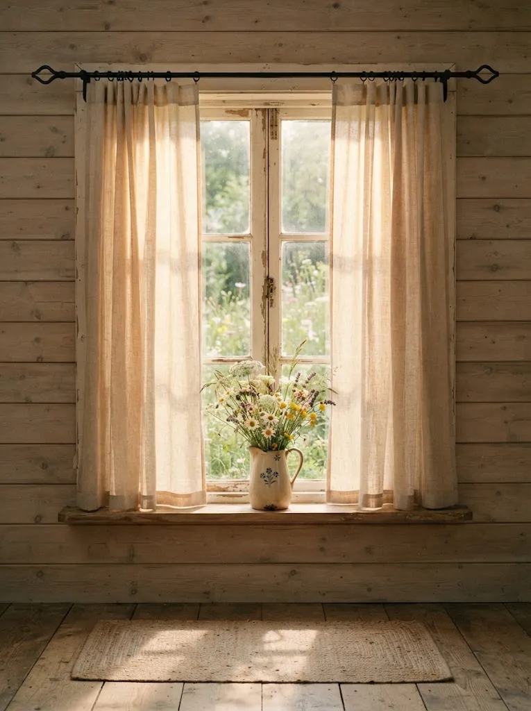 Sheer oatmeal linen curtains glowing with morning sunlight beside a wildflower pitcher on a bedroom windowsill