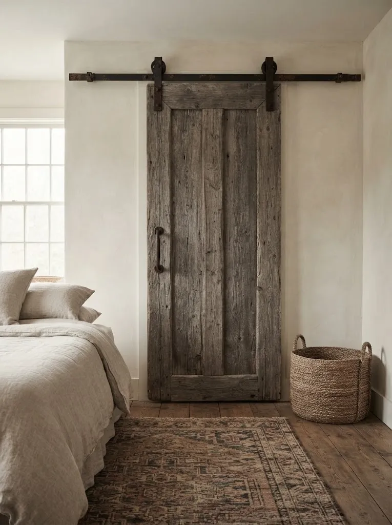 Weathered gray-brown sliding barn door on black iron track hardware in a cream walled rustic bedroom