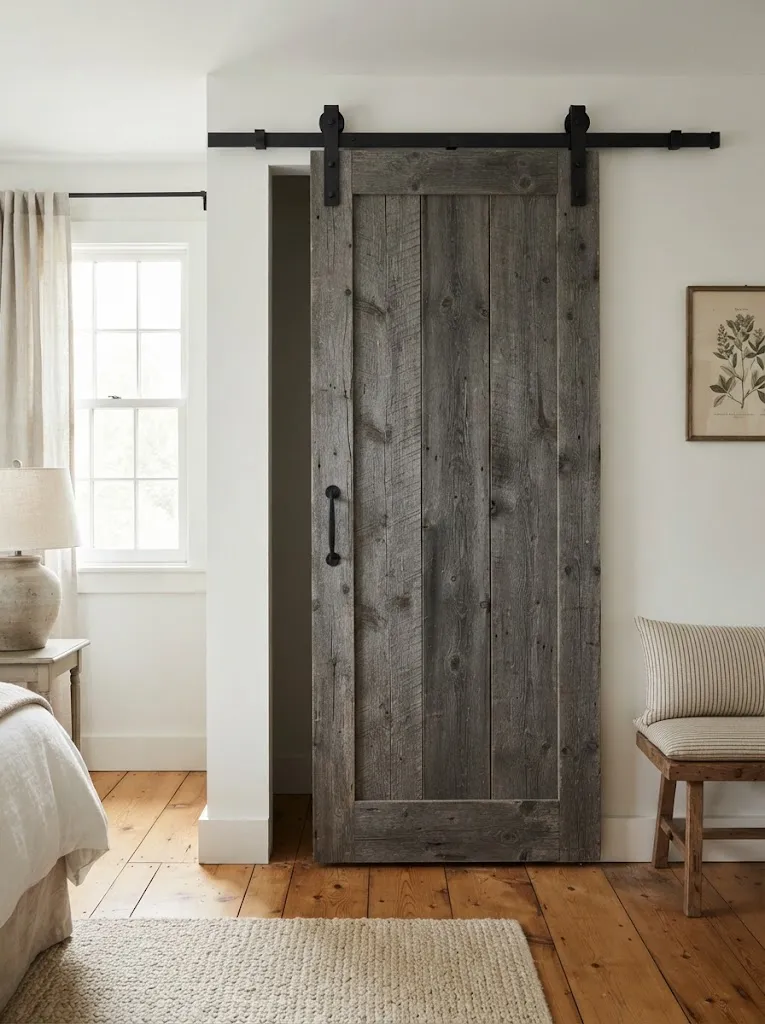 Weathered gray sliding barn door on a black track covering a bedroom closet
