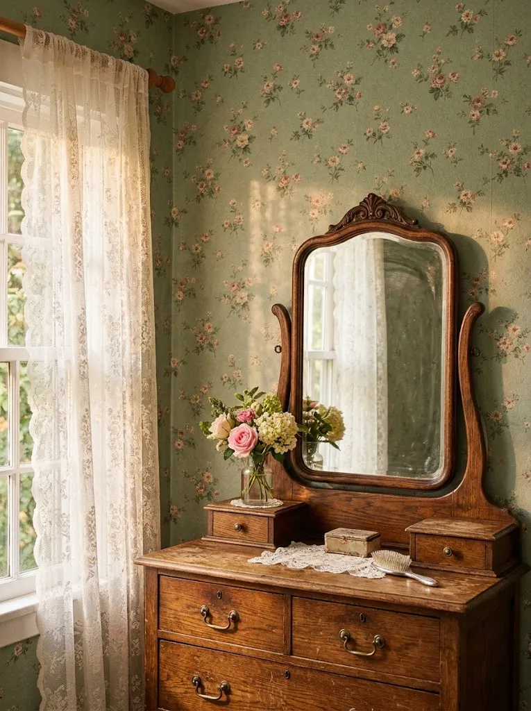 Soft pink floral wallpaper in a vintage cottagecore bedroom