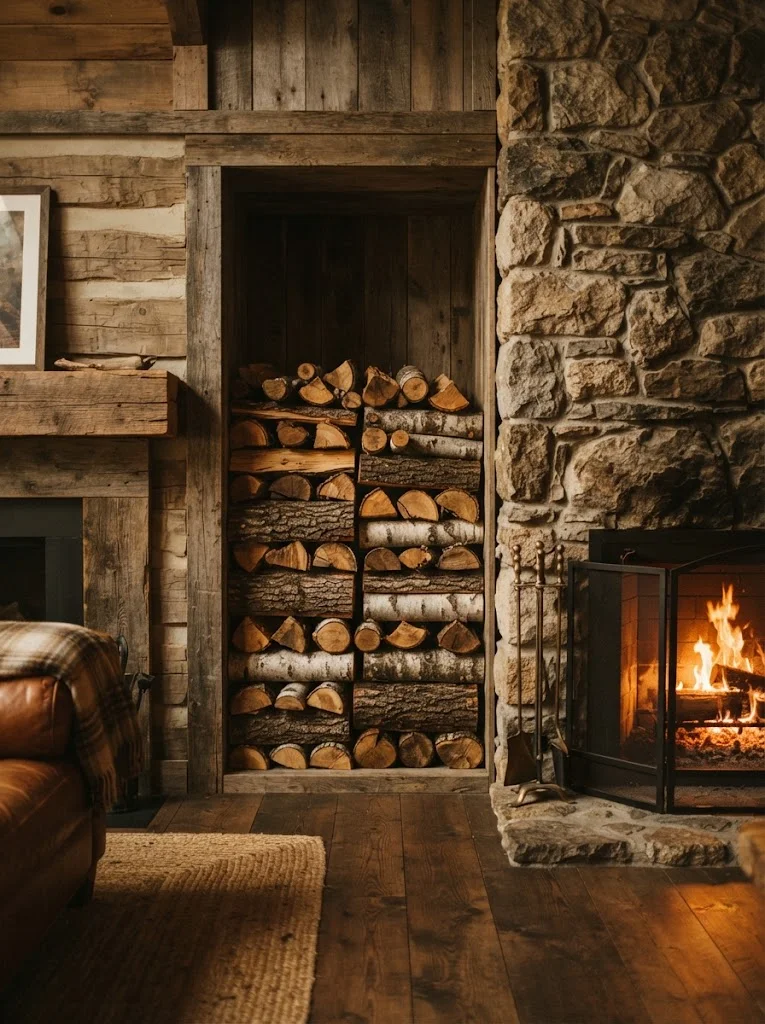 Stacked firewood display in an alcove beside a rustic stone fireplace