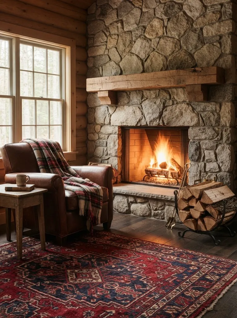 Rustic fieldstone fireplace with an oak mantel and armchair in a cozy bedroom corner glowing with firelight