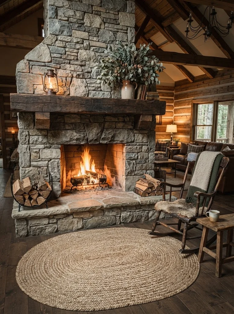 Natural stone fireplace as a focal point in a cozy rustic living room