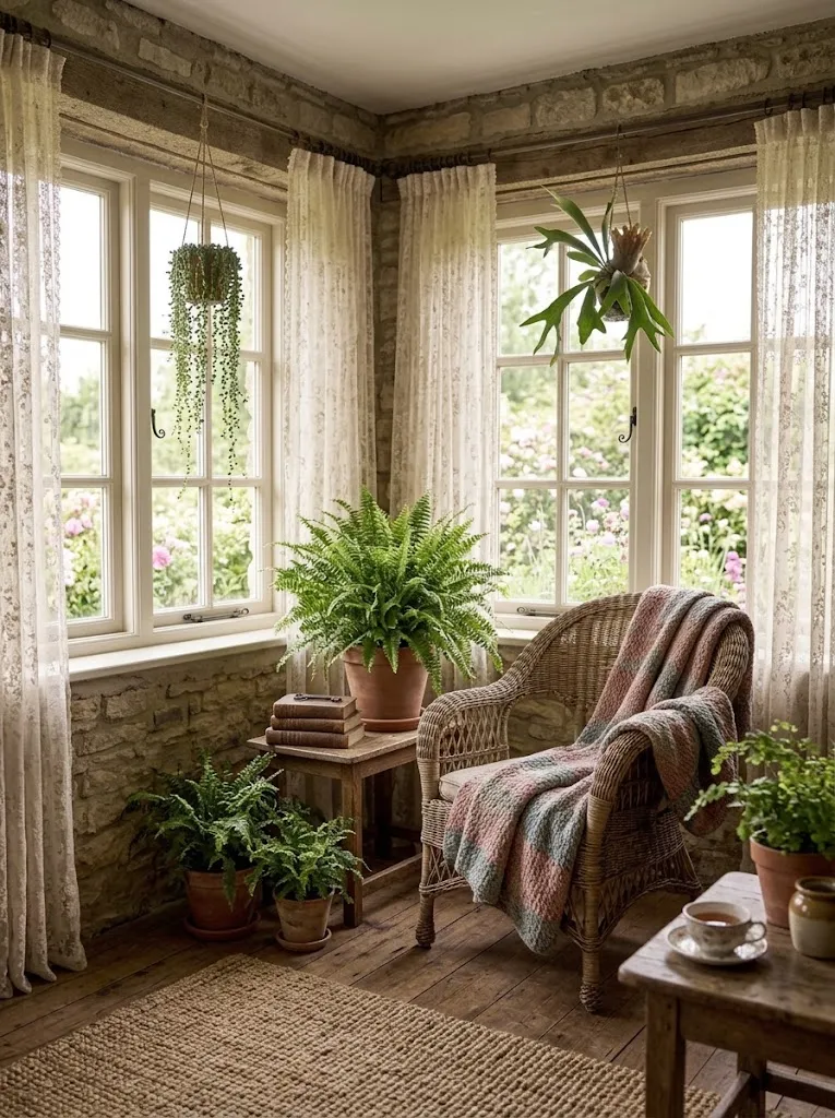 Cottagecore sunroom corner with wicker chair and potted ferns