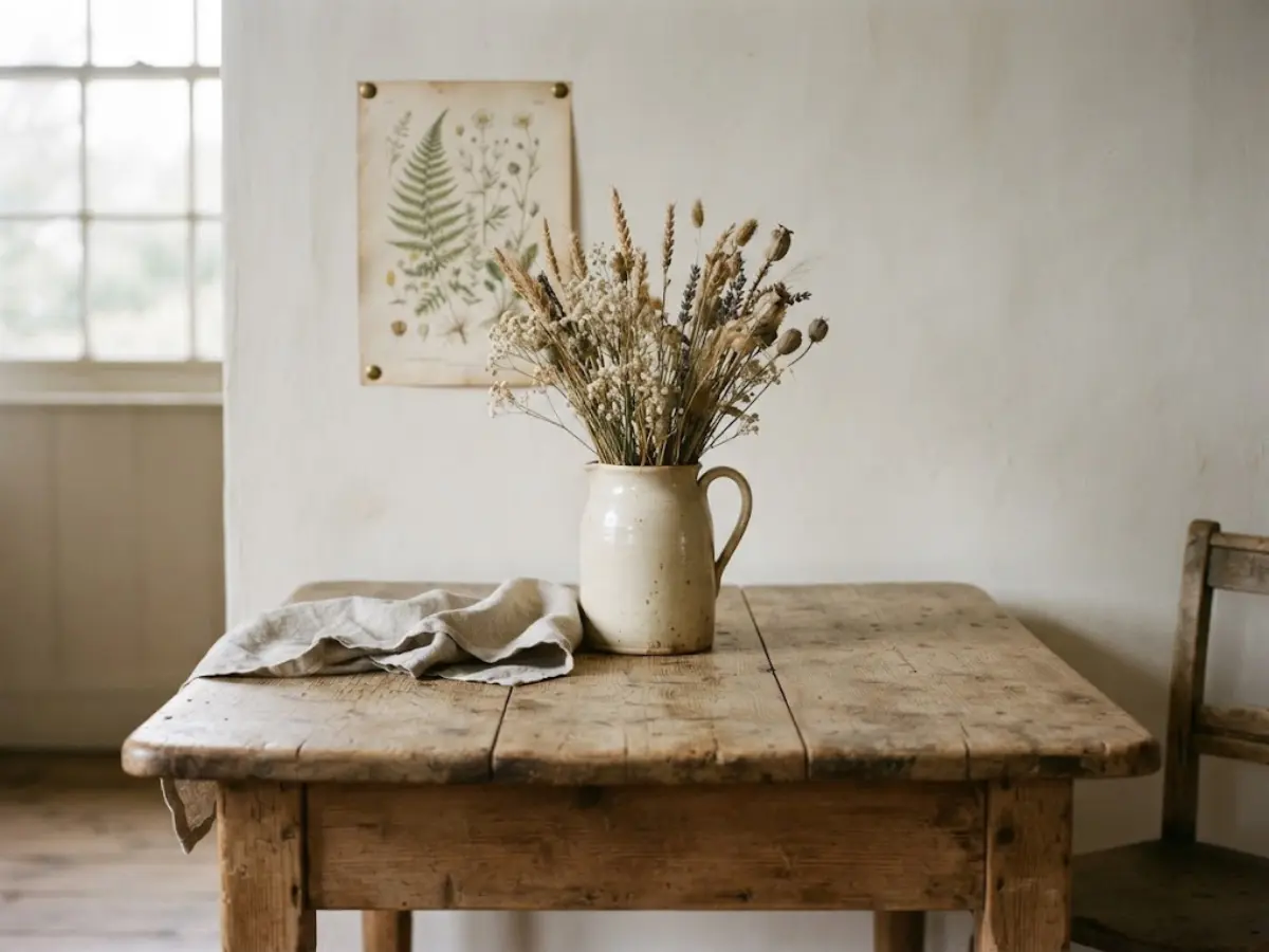 A weathered pine table with a jug of dried stems beneath an unframed botanical print