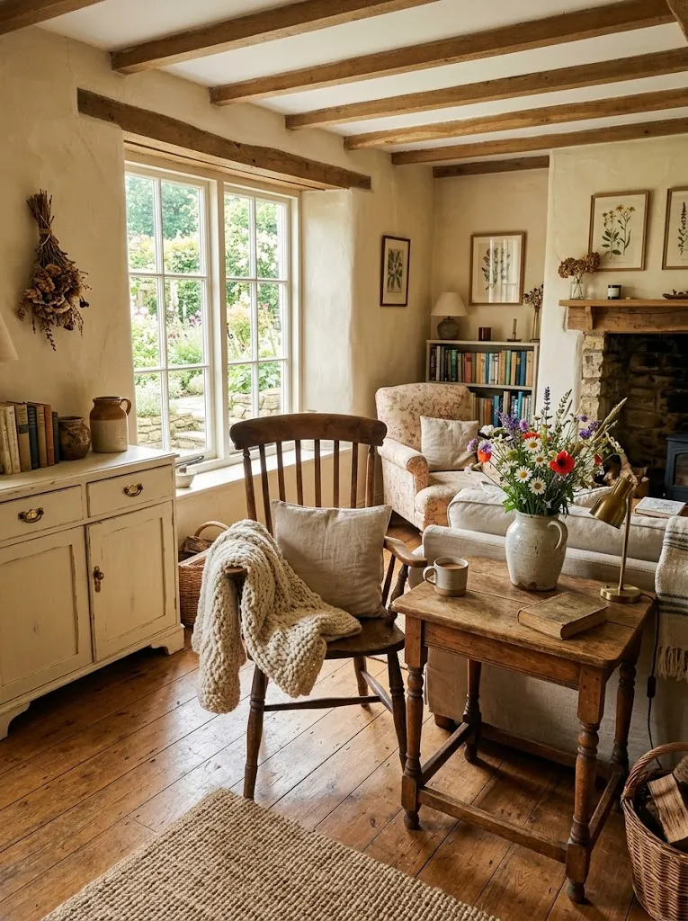 Thrifted oak side table and spindle-back chair in a warm cottage living room with wildflowers