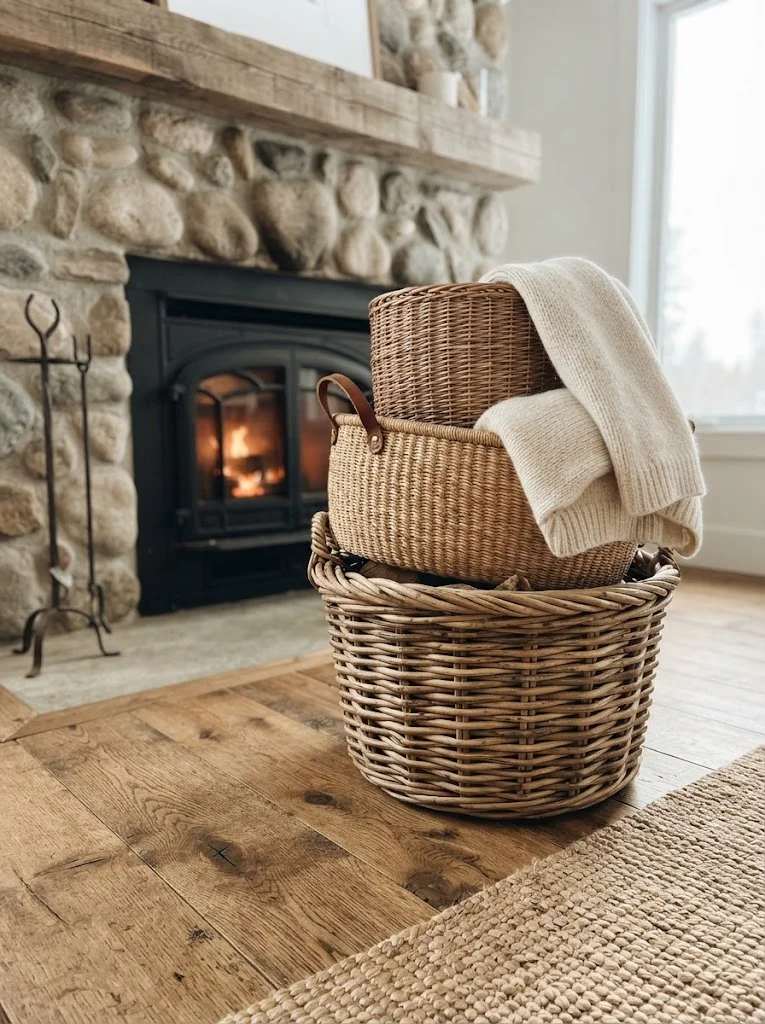 Thrifted woven baskets stacked beside a fireplace for rustic budget storage