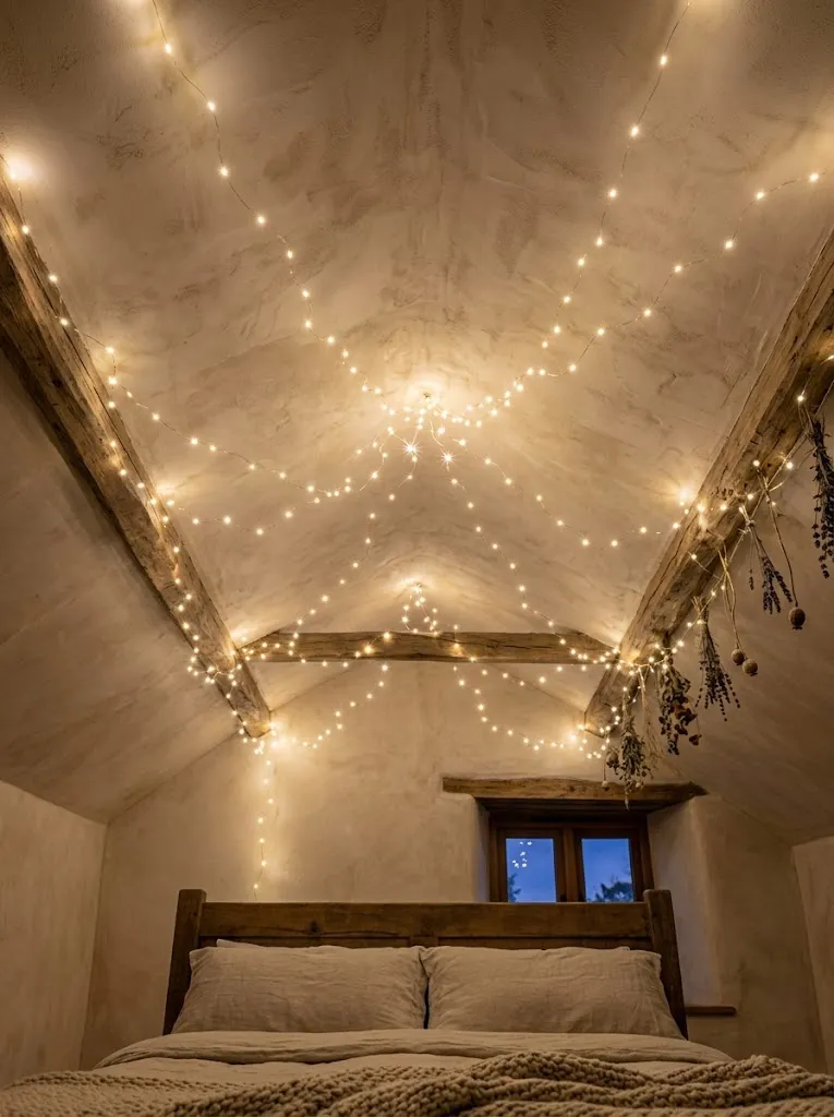 Twinkle light ceiling in a cottagecore style bedroom