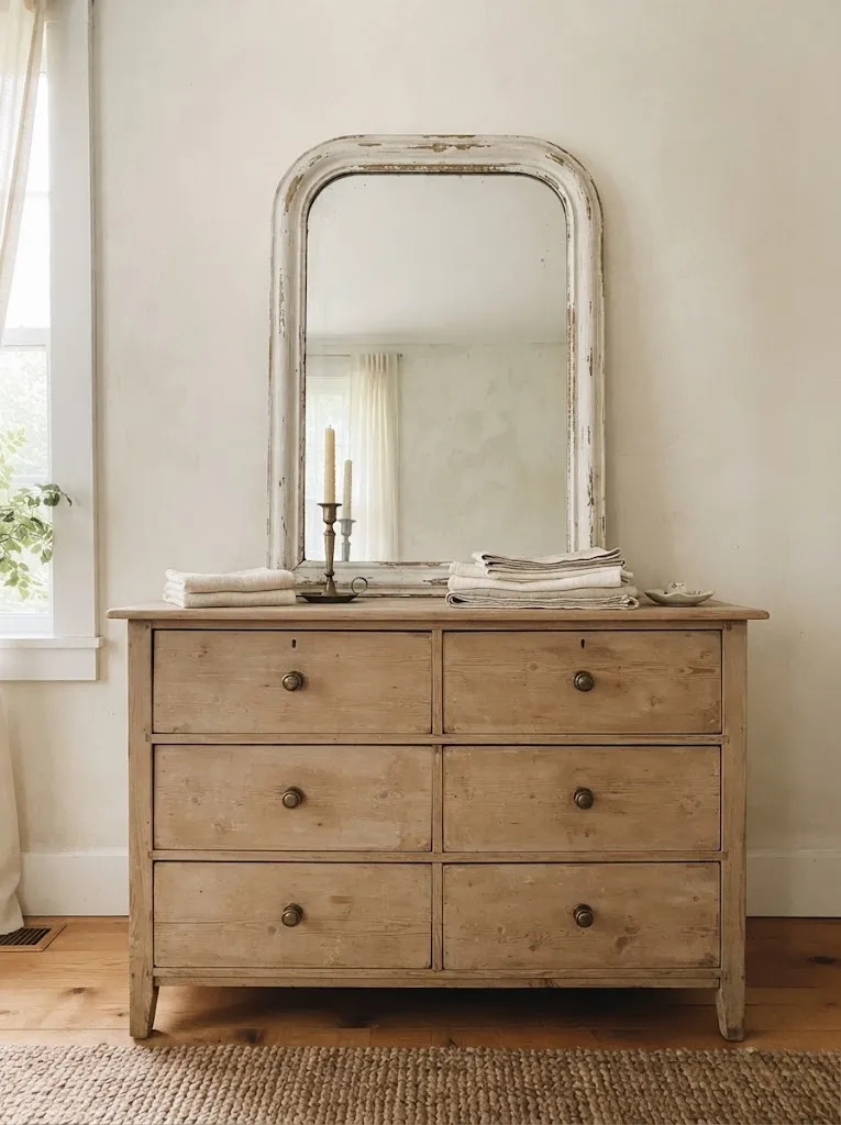 Large arched vintage mirror with a weathered white frame leaning on a bedroom dresser