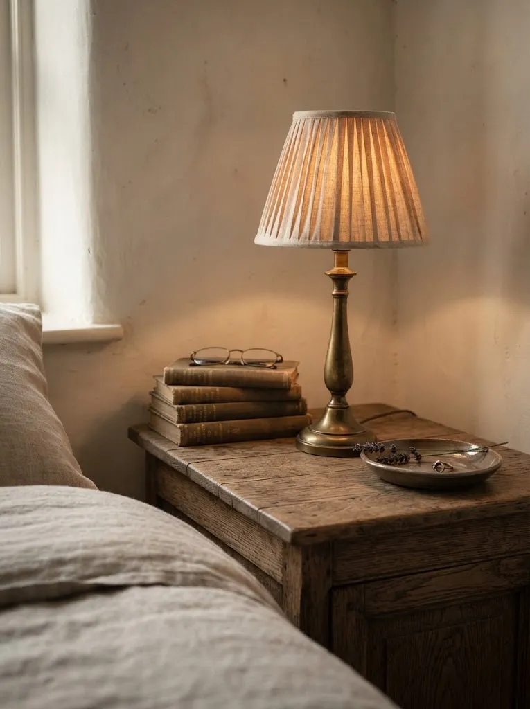 Antique brass bedside lamp with a pleated linen shade glowing on a weathered nightstand beside old books