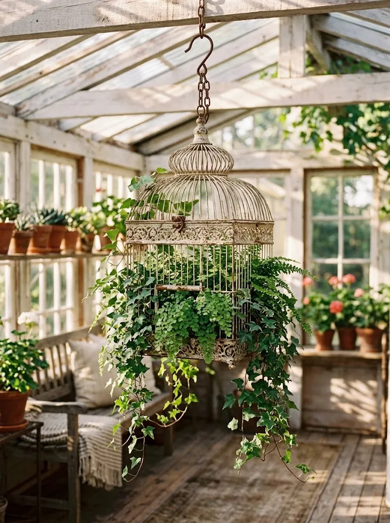 Antique birdcage repurposed as a hanging planter with trailing ivy in a sunroom