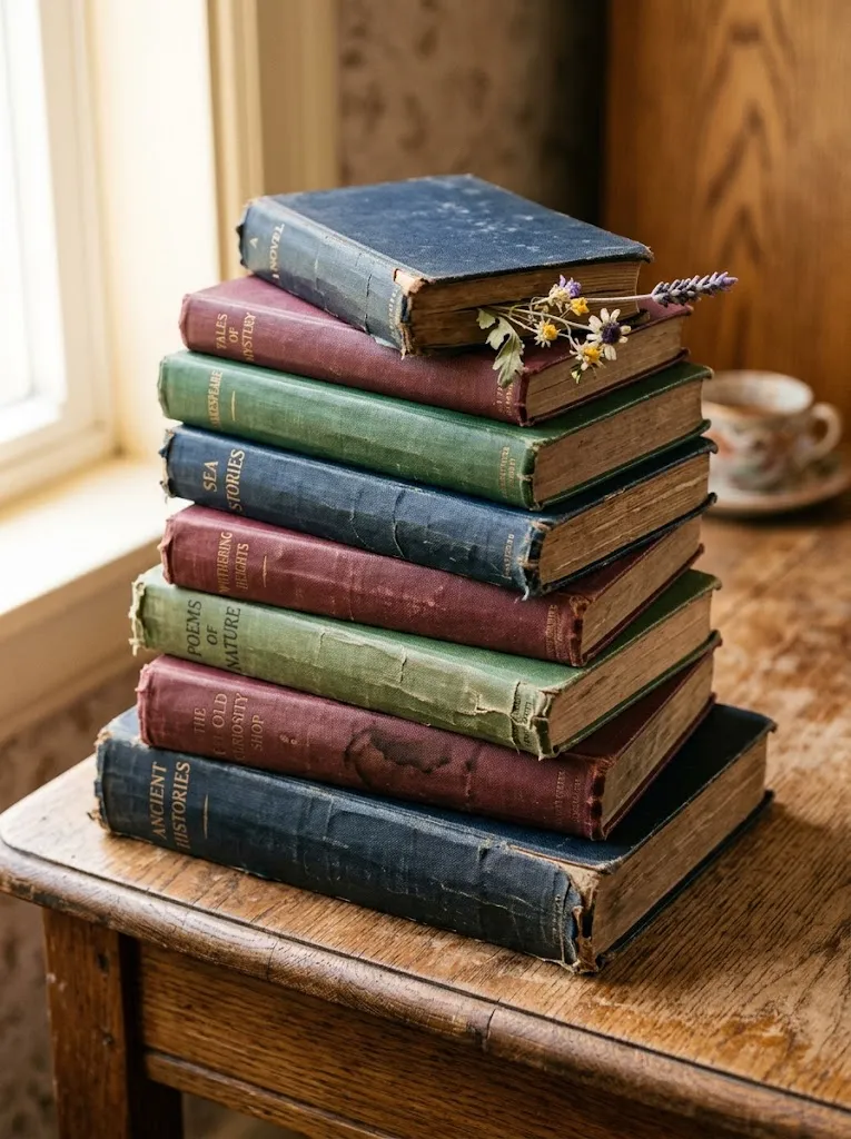 Stack of vintage hardcover books styled on a shelf