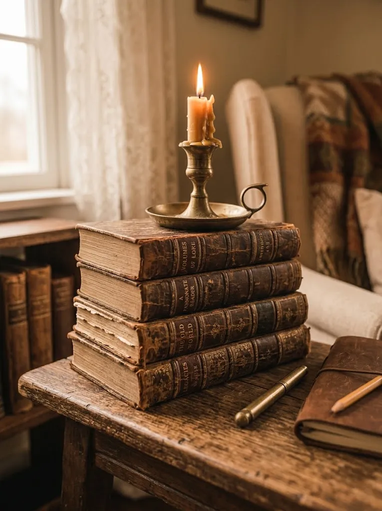 Stack of aged hardcover books styled with a brass candlestick on a side table