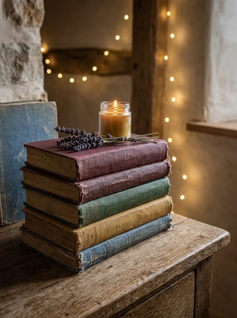 Vintage book stacks styled as decor in a cottagecore style home