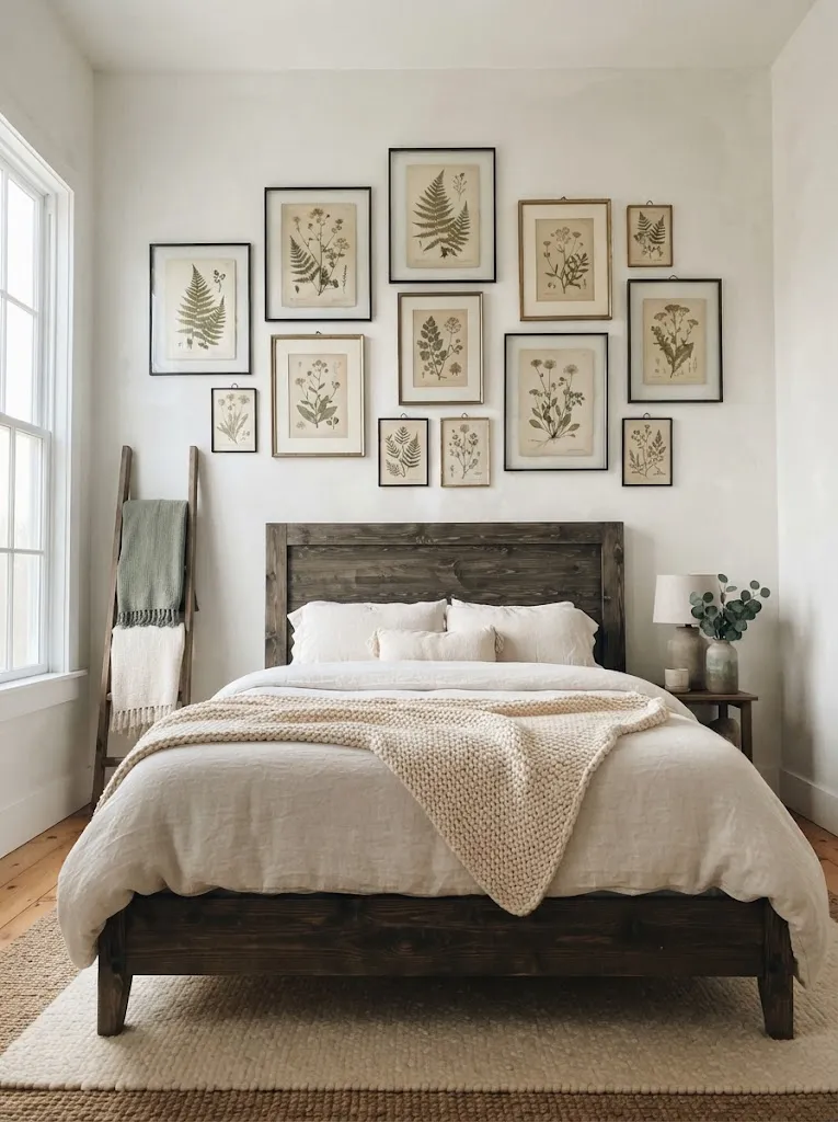 Gallery wall of framed vintage botanical prints above a farmhouse bed