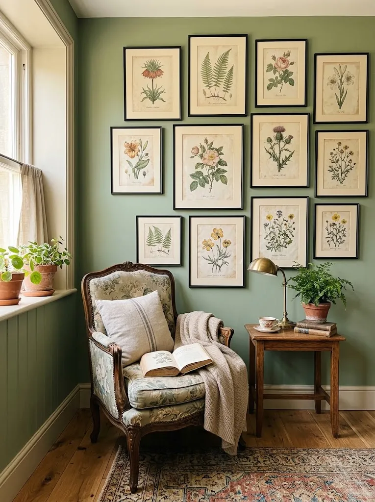 Framed vintage botanical prints displayed as a gallery wall in a reading nook