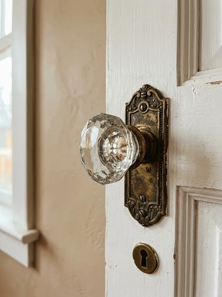 Vintage glass and brass doorknob on a cottage interior door