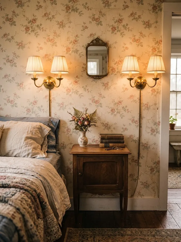 Antique brass wall sconces with fabric shades beside a vintage bed