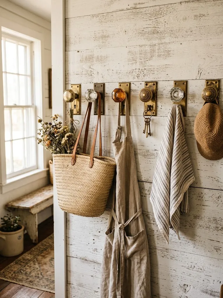 Antique glass and brass doorknobs repurposed as wall hooks in a mudroom entryway
