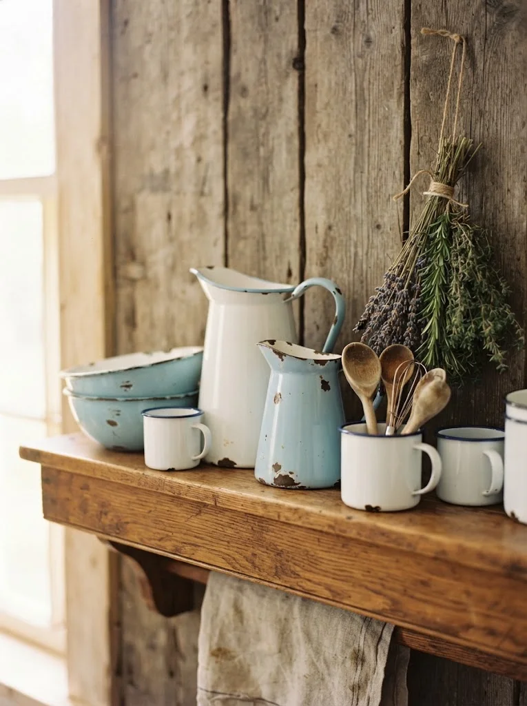 Vintage enamelware pitchers and bowls displayed on a rustic kitchen shelf