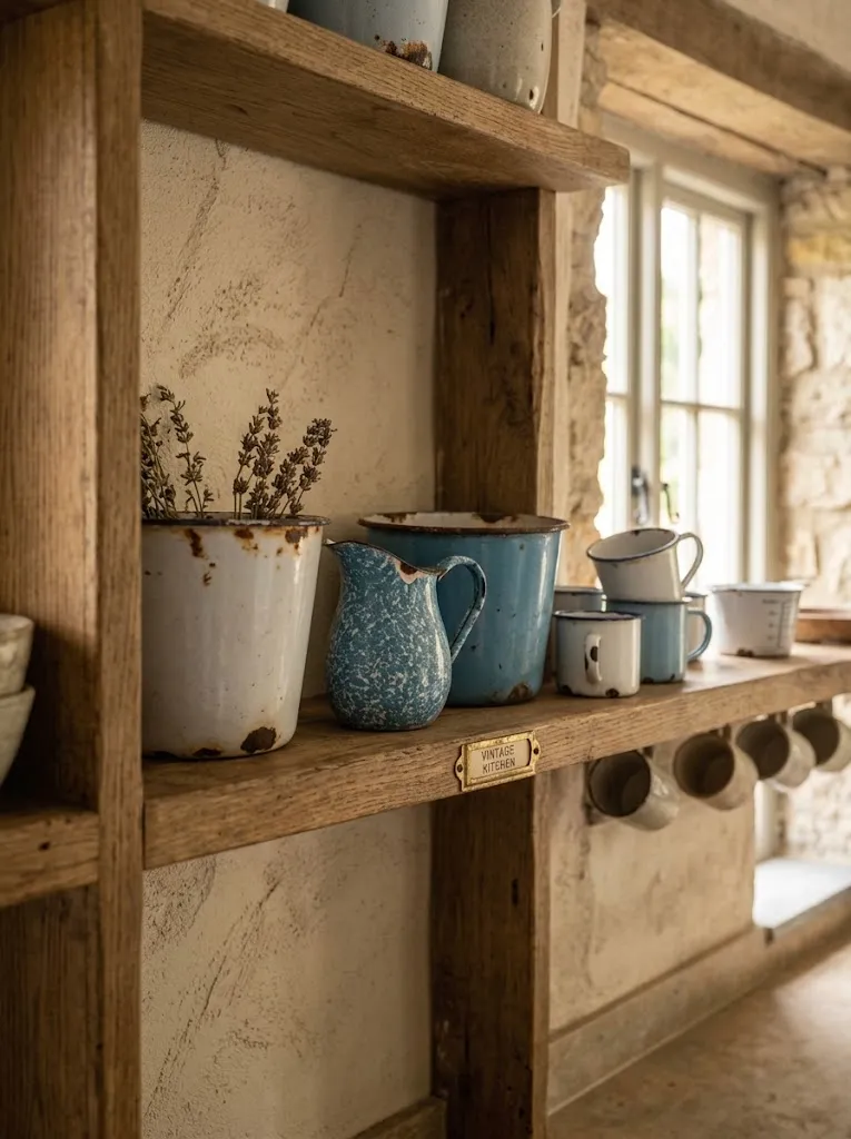 Vintage enamelware display on open kitchen shelving